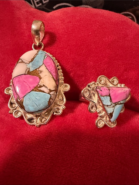 Jewelry - Pink and Turquoise Cotton Candy Inlay Pendant and Ring Set - Women Jewelry